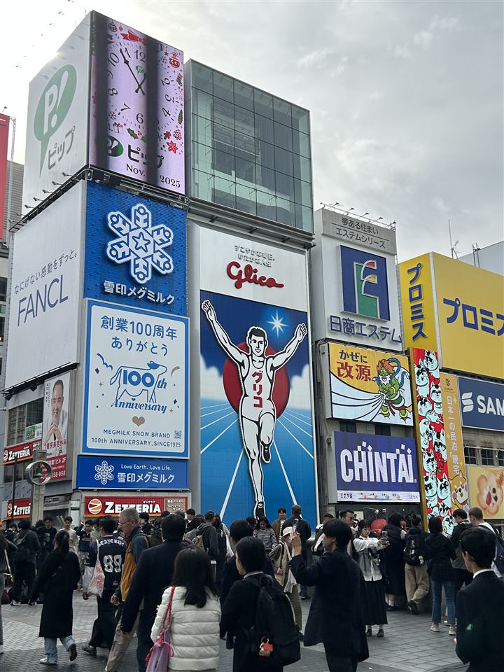 The Glico Running Man sign and other billboards above the crowds in Dotonbori
