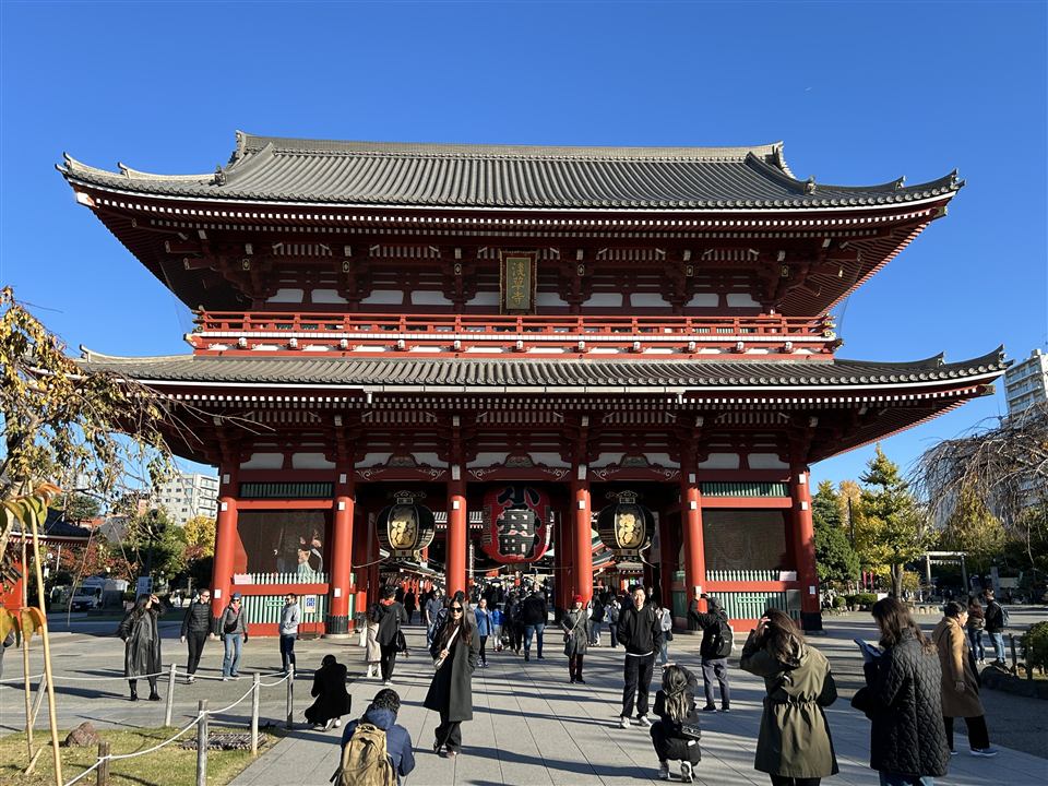 Senso-ji's Hozomon Gate in Asakusa with visitors on the approach